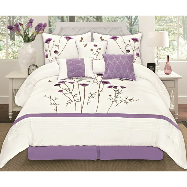 White King Comforter Set with accent pillows 7 Pcs Bedding Royal Purple Gold